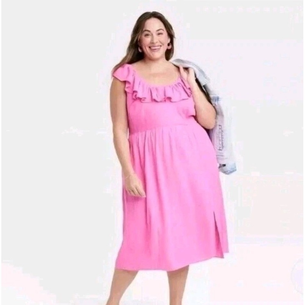 NEW Ava & Viv Pink Linen Blend Ruffle Neckline Girly Leg Slit Midi Dress Size 2X
